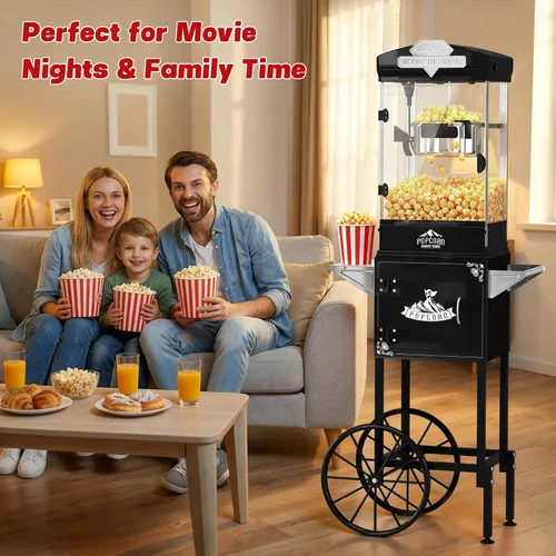 Vista 4 de Máquina de palomitas de maíz, carrito de máquina de palomitas vintage de 10 onzas con ruedas, estilo profesional de cine para hacer hasta 40 tazas