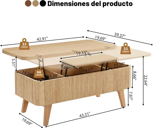 Vista 2 de Mesa de centro 3 en 1 con tapa elevable, mesas de centro convertibles acanaladas que se convierten en mesas de comedor, moderna mesa central
