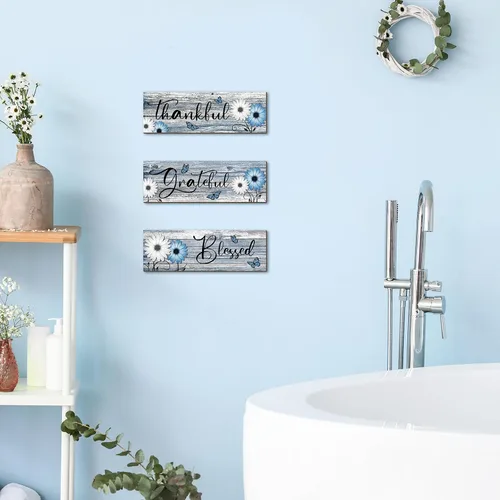 Vista 5 de Geetery 3 piezas de letreros de madera con texto «Thankful Grateful Blessed» con margaritas rústicas, decoración de pared de madera, letreros