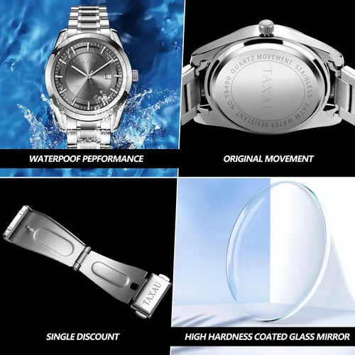 Vista 4 de Taxau Watch for Men, Waterproof Date Dress Large Face Classic Men's Wrist Watch, Minimalist Stainless Steel Analog Quartz Men's Silver Watch