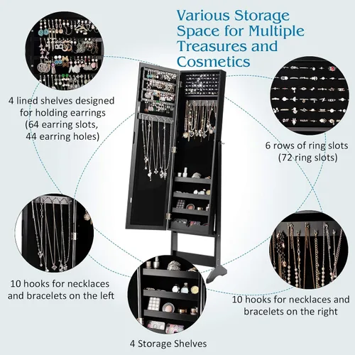 Vista 6 de GOFLAME Gabinete de joyería, organizador de joyas con puerta de espejo de longitud completa, gabinete de espejo de maquillaje de pie, organizador
