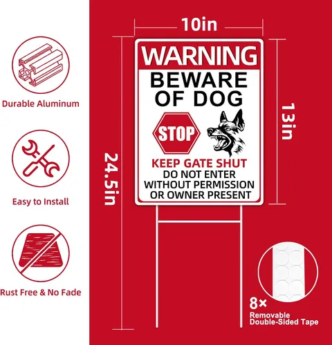 Vista 2 de Señales de cuidado con el perro, paquete de 2 carteles de 33x25 cm doble cara, plástico corrugado, estacas de metal en H, señales de perro