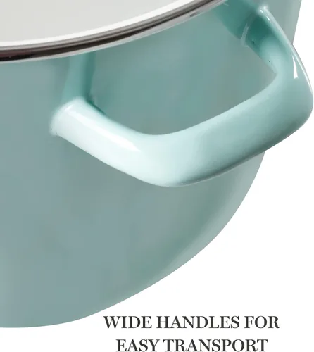 Vista 4 de Martha Stewart Thayer Olla de Caldo de 12 Cuartos de Galón Esmaltada sobre Acero Resistente a Rayones con Tapa – Azul Martha – Olla Duradera de Gran