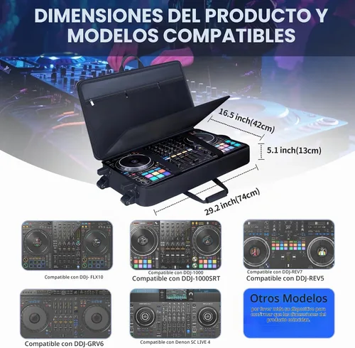 Vista 2 de Funda para controlador de DJ con ruedas compatible con DDJ-FLX10/1000/1000SRT/ DDJ-GRV6/REV5/REV7, mochila acolchada para DJ con correa de hombro
