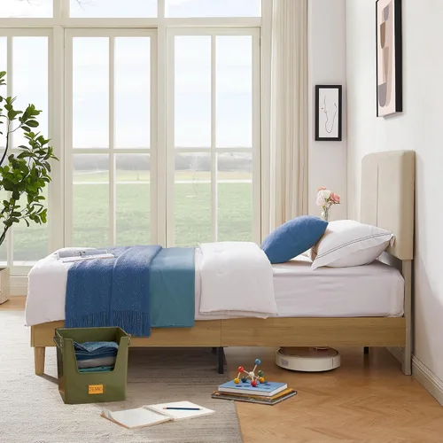 Vista 5 de VECELO Marco de cama tamaño individual tapizado, plataforma con cabecero de algodón y lino ajustable en altura, listones de madera de alta