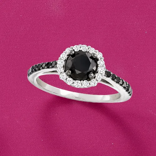 Vista 6 de Ross-Simons 150 ct tw Black and White Diamond Halo Ring in Sterling Silver