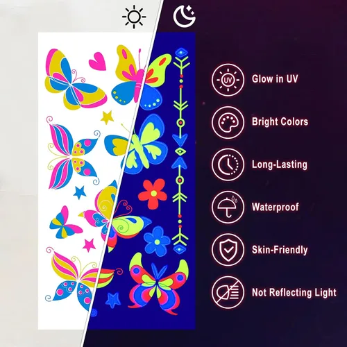 Vista 3 de Ozepao 20 hojas de tatuajes temporales que brillan en la luz negra, suministros de fiesta que brillan para adultos y niños, más de 160 diseños