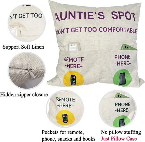 Vista 4 de ZUYUROU Regalos para Tía, Fundas de Cojín Decorativo de 2 Bolsillos "Auntie's Spot" de 18x18 Pulgadas + Cuchara Grabada, Regalos para el Día