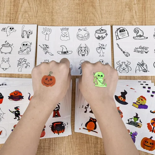 Vista 5 de 600 tatuajes temporales de Halloween para niños, varios colores y que brillan en la oscuridad, calcomanías de tatuajes para fiestas de Halloween