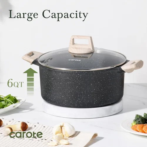 Vista 5 de CAROTE Olla antiadherente con tapa, cazuela de granito negro de 6 cuartos