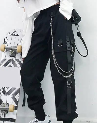 Vista 2 de Kisswow Pantalones cargo de talle alto con solapa y bolsillo para mujer con cadena