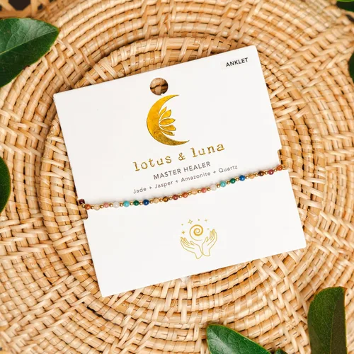 Vista 3 de Lotus and Luna Tobillera de 0.079 in Master Healer Energy Chakra Healing Dainty con piedras reales jade, perla, cuarzo rosa, amatista, piedra lunar