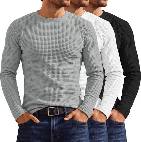 Vista 10 de Huukeay Paquete de 3 camisas térmicas tipo gofre para hombre