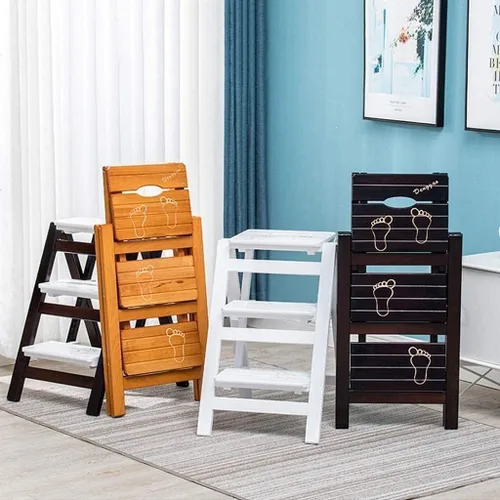 Vista 5 de Strong Folding Step Stool Solid Load-Bearing Strong Wood 3 Layers Stair Chair Folding Step with Anti-Slip Feet Stool Ladder Kitchen Safe