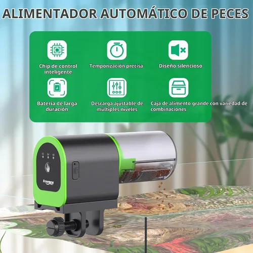 Vista 2 de FREESEA Alimentador Automático de Peces para Acuario: Pequeño Dispensador Automático de Comida para Peces de Vacaciones Recargable por USB