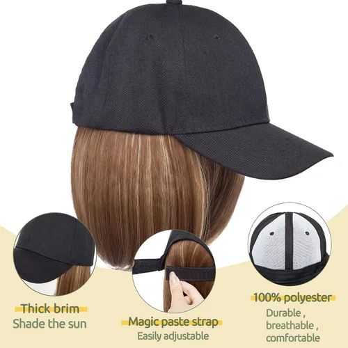 Vista 2 de S-noilite Peluca de gorra de béisbol de 6 pulgadas con peinado Bob y extensiones de cabello, gorra de béisbol recta ajustable para mujer
