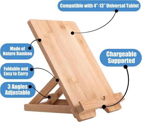 Vista 3 de Soporte para tableta de bambú Soporte ajustable plegable de madera para iPad con orificio cargable para escritorio iPad Soporte de cocina