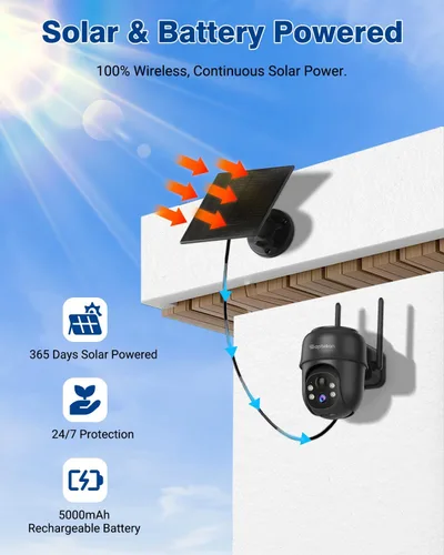 Vista 3 de Septekon Cámaras de seguridad solar 2K inalámbricas para exteriores, 360 ° PTZ con batería para exteriores, cámara WiFi de 2.4G con foco de visión