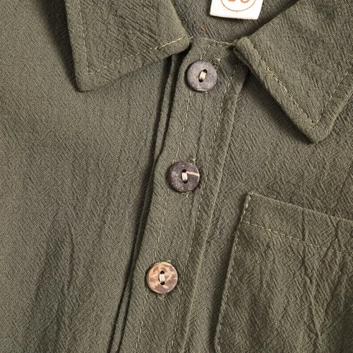 Vista 5 de BULINGNA Conjunto de 2 piezas de camiseta de manga corta con botones y pantalones cortos para bebé, algodón, lino, verano Verde militar