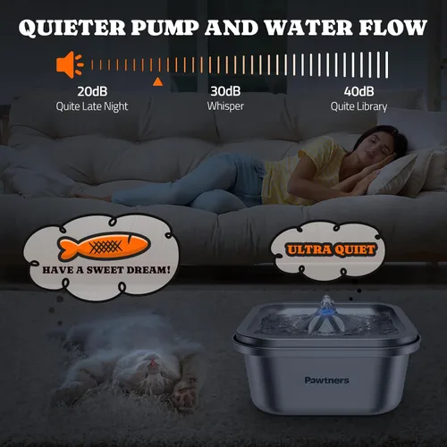 Vista 4 de Pawtners Fuente de agua para gatos de acero inoxidable 4L/140 onzas con 6 filtros de repuesto y 8 paquetes de filtros de repuesto