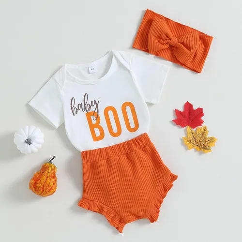 Vista 6 de Muasaaluxi Traje de Halloween para bebé recién nacida, mameluco de manga corta, pantalones cortos acanalados con diadema para Halloween