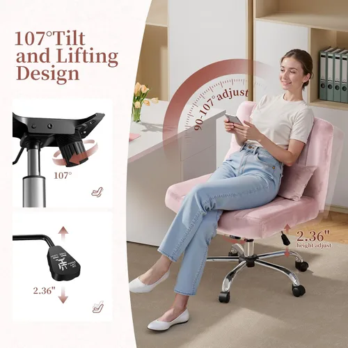 Vista 4 de Silla cruzada de terciopelo con ruedas, silla de oficina de lujo con patas cruzadas, cómoda silla de escritorio para oficina en casa, silla de Rosa