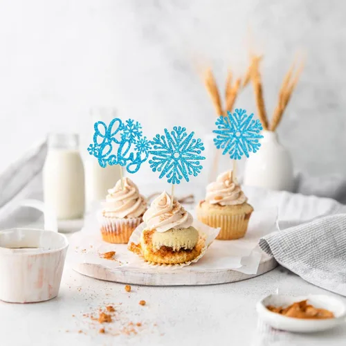 Vista 5 de Gyufise 24 adornos de copos de nieve Oh Baby para cupcakes con purpurina azul, decoración de pastel de baby shower congelado para baby shower