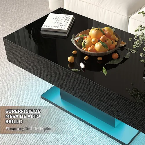 Vista 6 de HedoAjim - Mesa de café negra con LED y 2 cajones de almacenamiento para sala de estar, mesa rectangular de centro para sala de estar, mesas de café