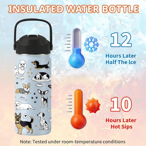 Vista 3 de Botella de agua para perros de 16 onzas con asa y popote para niños, vasos Perro26