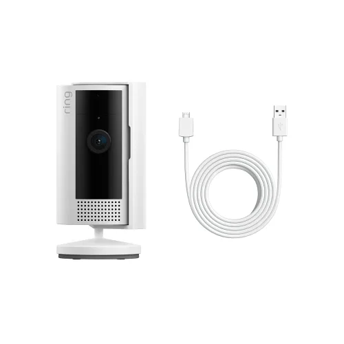 Vista 2 de Nueva cámara de interiores Ring (2da generación), blanca con 10 pies cable de alimentación USB-A a Micro USB