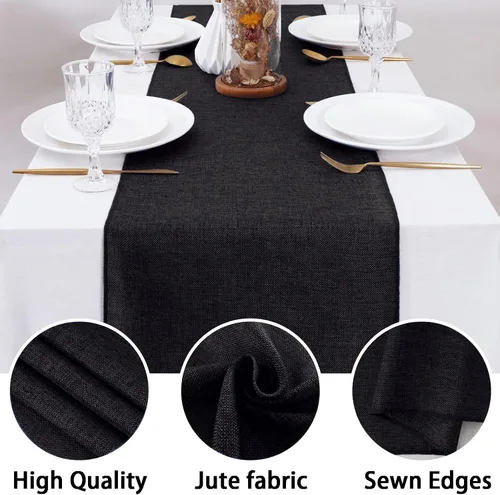 Vista 3 de Camino de mesa negro de 12 x 84 pulgadas de largo, tela de arpillera, camino de mesa de Halloween para bodas, fiestas, otoño, decoración de mesa