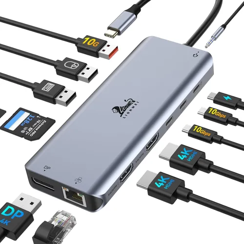 Vista 13 de LIONWEI Estación de acoplamiento para laptop 9 en 1, HDMI dual, 100 W PD, USB C 3.0, Ethernet, audio/micrófono, concentrador USB C para portátiles