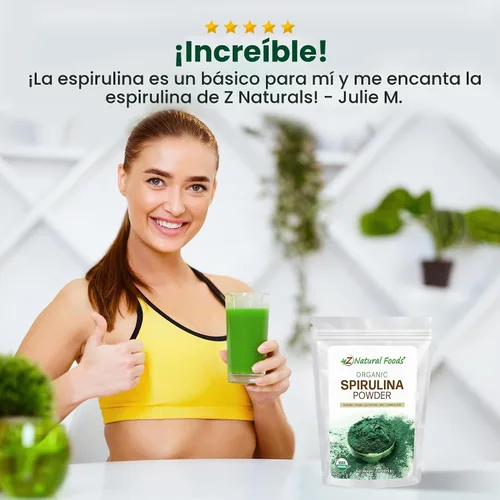 Vista 6 de Z Natural Foods Polvo de espirulina orgánica – Espirulina 100% pura, superalimento de algas azul-verdes densas en nutrientes con aminoácidos, 15