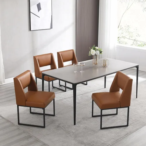 Vista 2 de Zesthouse Juego de 6 sillas de comedor modernas de piel sintética, cómodas sillas de cocina marrones con patas de metal inoxidable, sillas laterales