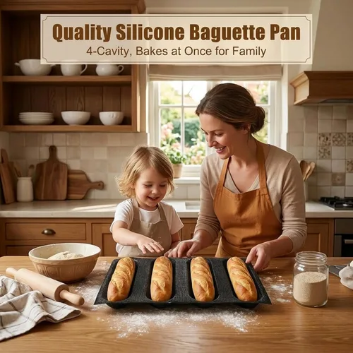 Vista 5 de Dioycli Molde de pan de silicona para hornear pan grande de baguette sartén perforada para bollos de perritos calientes, 4 panes, alfombrilla