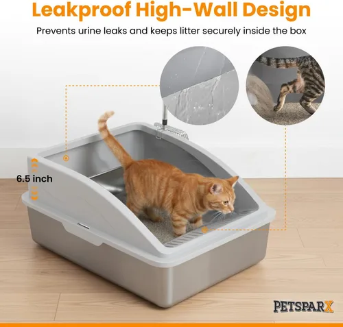 Vista 3 de Caja de arena de acero inoxidable XL con tapa, caja de arena cerrada para gatos grandes, caja de arena de metal a prueba de fugas de alta cara