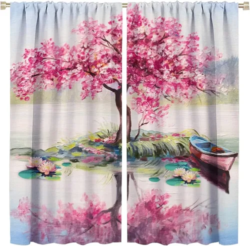 Vista 31 de Cortinas opacas con diseño floral de galaxia azul abstracta para dormitorio, cortinas de ventana de teñido anudado con diseño de flor de cerezo