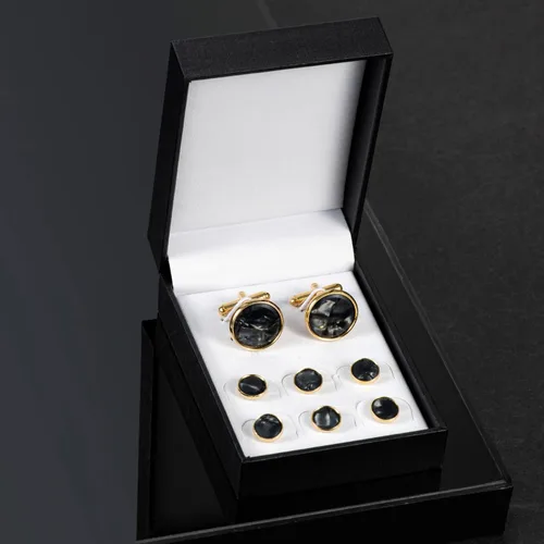 Vista 5 de UJOY Juego de gemelos y tachuelas de nácar para hombre, caja de presentación, piezas de vestido de negocios para fiesta de boda, Metal