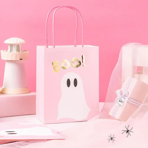 Vista 4 de WRAPAHOLIC Paquete de 12 pequeñas bolsas de regalo de papel kraft de Halloween de 7 pulgadas, bolsa de regalo de papel de aluminio dorado y fantasma