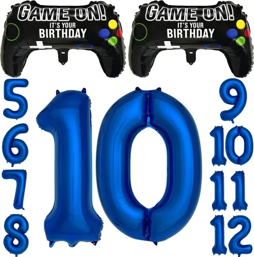 Vista 11 de Suministros de fiesta de videojuegos azul marino para decoración de fiesta de 5º cumpleaños para niños, 2 paquetes de globos de juego con globo azul