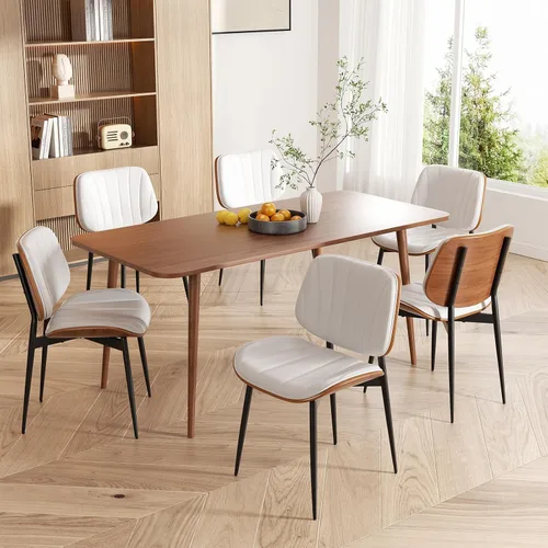 Vista 8 de Juego de 4 sillas de comedor, estilo de mediados de siglo moderno, tapizadas con piel sintética, respaldo de nogal curvado, patas de metal