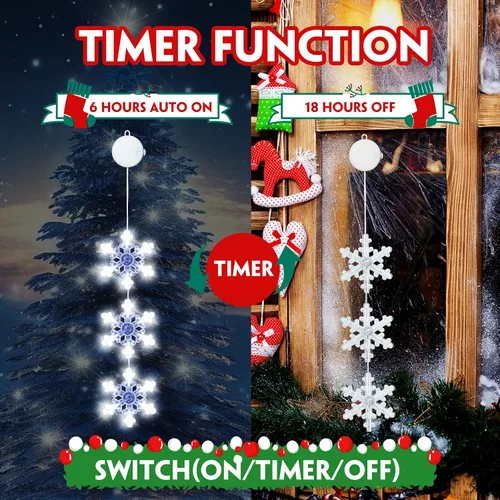 Vista 4 de Decoraciones de Navidad con luces, pack de 3 luces blancas de copo de nieve para ventana, luces de Navidad colgantes, funciona con pilas, decoración