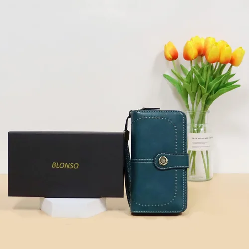 Vista 6 de BLONSO Cartera triple de piel para mujer con bloqueo RFID gran capacidad para mujer Azul Patchwork