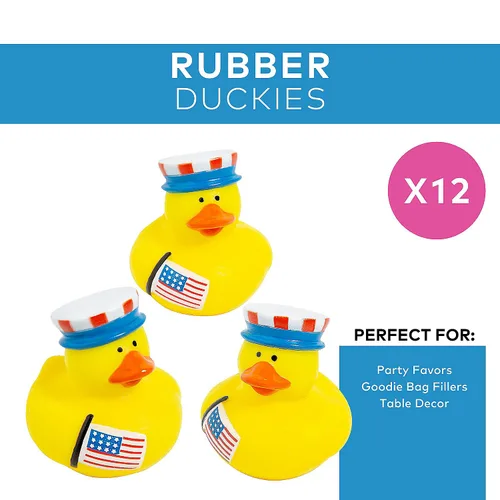 Vista 2 de Fun Express Paquete de 12 regalos de fiesta de patos patrióticos de goma, mini patitos a granel para cumpleaños de niños, premios de aula, juguetes