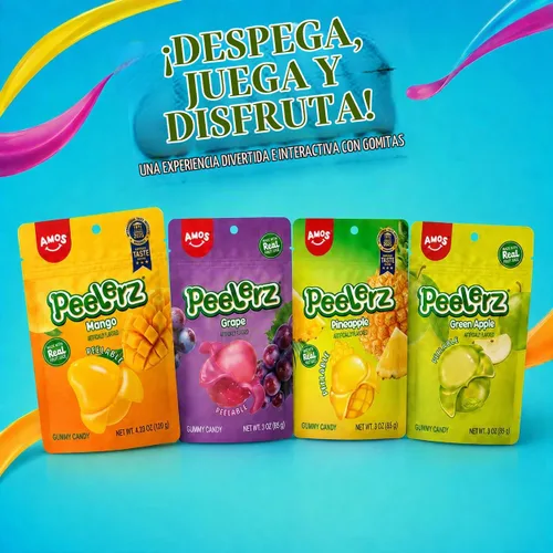 Vista 5 de AMOS Peelerz - Paquete variado de gomitas pelables, sabor mango, uva, manzana verde y piña, hecho con jugo de fruta real, 4 bolsas, 13.22 oz (375 g)