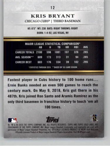 Vista 2 de 2019 Topps Gold Label Class One #12 Kris Bryant NM-MT Chicago Cubs Baseball Trading Card