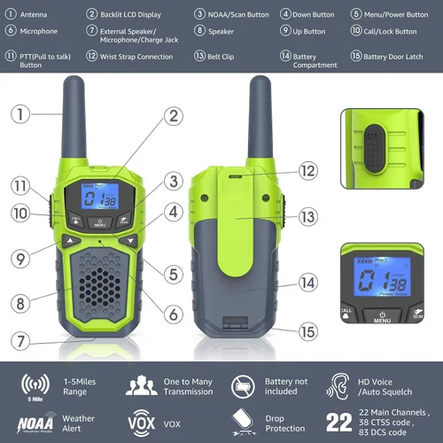 Vista 7 de Walkie Talkies para niños, radio de 2 vías de largo alcance 22 canales VOX, regalo de cumpleaños, walkie talkie familiar para camping, senderismo