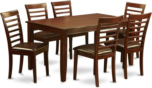 Vista 13 de HomeStock El juego de mesa de comedor moderno de 7 piezas consta de una mesa rectangular de madera y 6 sillas tapizadas de tela de lino café, 36 x