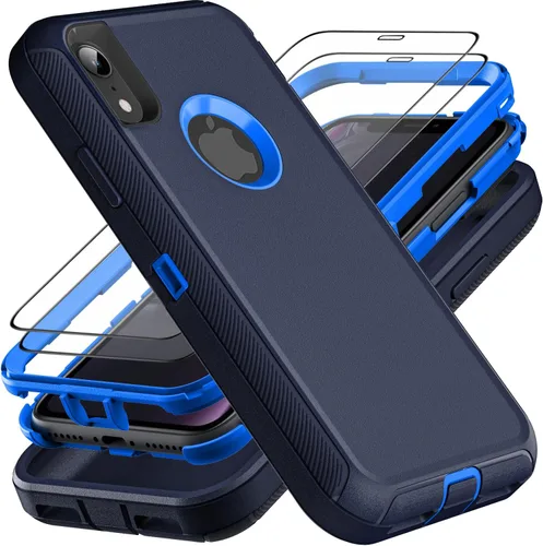 Vista 11 de YKHJKLEC Funda para iPhone XR, grado militar 3 en 1, resistente a los golpes, a prueba de caídas, polvo con 2 protectores de pantalla de vidrio Azul