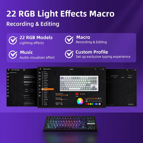 Vista 9 de ZORNHER ZH870 Teclado mecánico inalámbrico para juegos, 80% negro personalizado teclado de sonido cremoso con teclas topográficas negras iluminadas